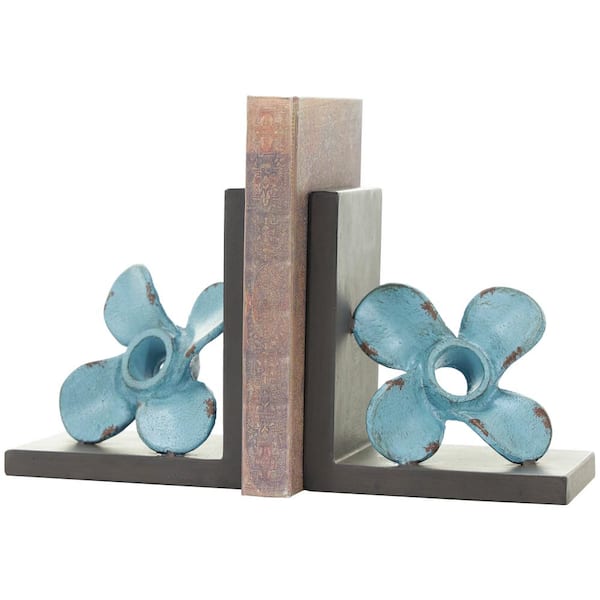 Litton Lane Teal Metal Distressed Propeller Boat Bookends with Brown L-Shaped Stands (Set of 2)