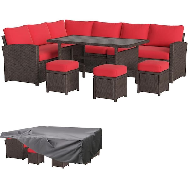AECOJOY 7-Pieces Patio Wicker Furniture Dining Set with Red Cushions and Cover