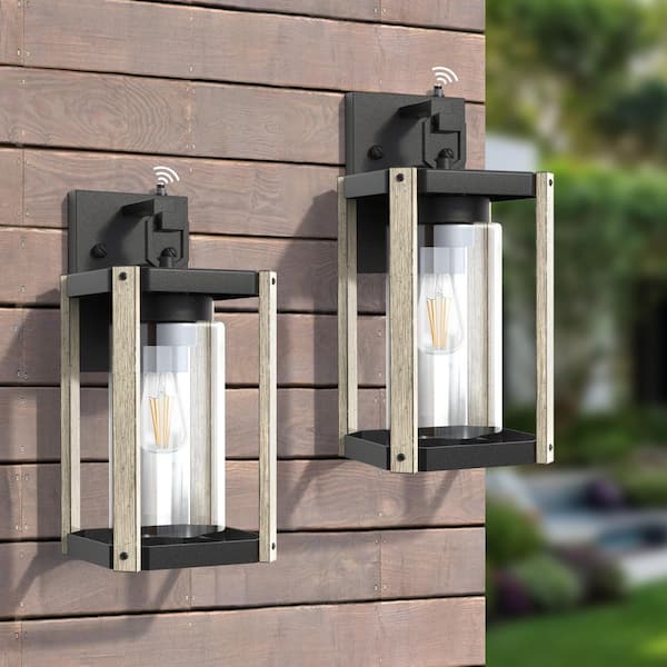 Hawaii 13 in. Black/White E26 Farmhouse Cylinder Dusk to Dawn Outdoor Hardwired Glass Sconce (Set of 2)