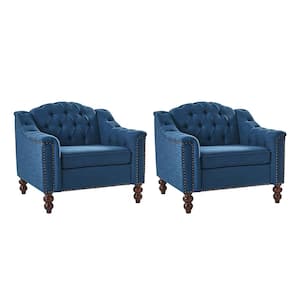 Carmen Indigo Button-Tufted Accent Chair Set of 2 with Solid Wood Legs