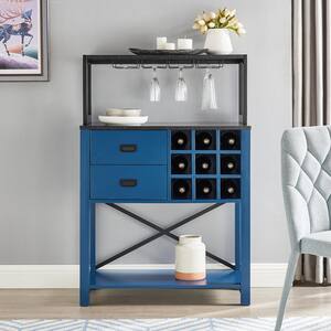 32 in. Blue Wood Buffet Bar Cabinet with Wine Rack with Marbling Pattern Countertop