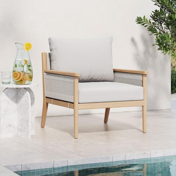 Kayden Bohemian Raw Oak Solid Wood Outdoor Armchair with White Cream Upholstered Cushions and Rope Accent
