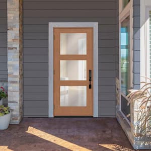 Regency 32 in. x 80 in. Modern 3Lite Equal Clear Glass RHOS Autumn Wheat Stain Mahogany Fiberglass Prehung Front Door