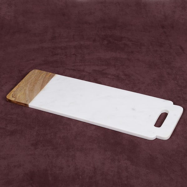 "Taj Elite" Creamy White Marble with Mango Wood 18 in. x 6 in. Handled Board