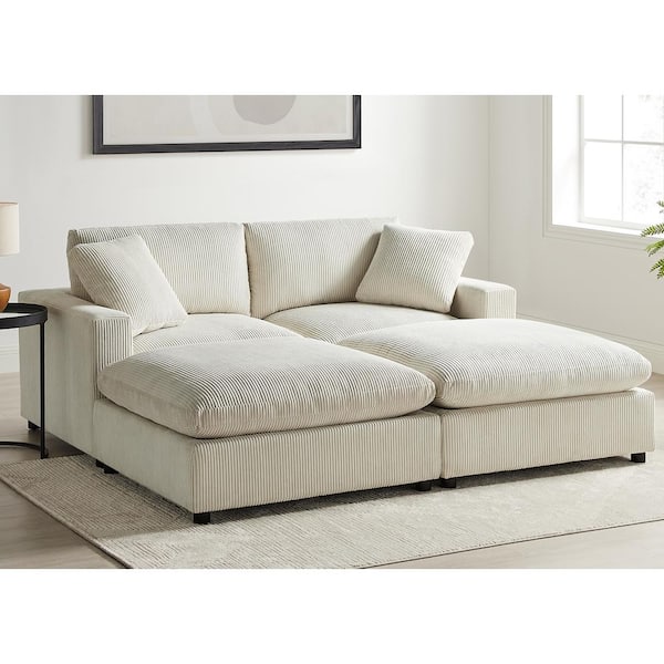 Casella 80 in. Square Arm 4-Piece Corduroy Fabric Straight Sectional Sofa in Beige
