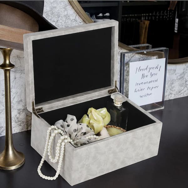 11 in. W Grey Faux Leather Keepsake Box with Hinged Lid-Large