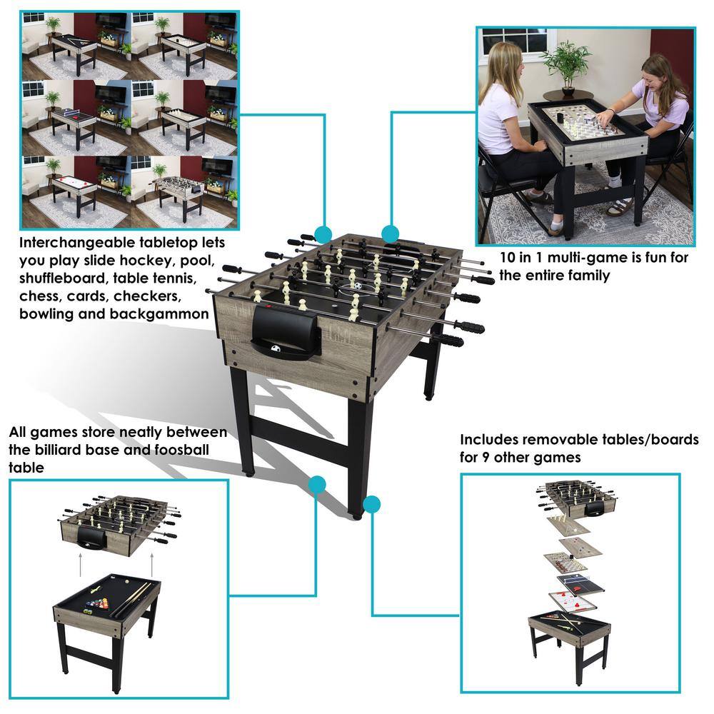 Classic Wood Stain 10-in-1 Multi-Game Table with Foosball and Billiards