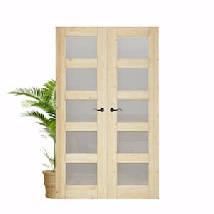 48 in. x 80 in. Universal 5-Lite Frosted Glass Solid Core Unfinished Pine Wood Double Prehung French Door with Jamb