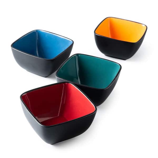 Square 32 oz. Stoneware Cereal Bowl Set of 4, Microwave and Dishwasher Safe, Colorful Inside for Meals