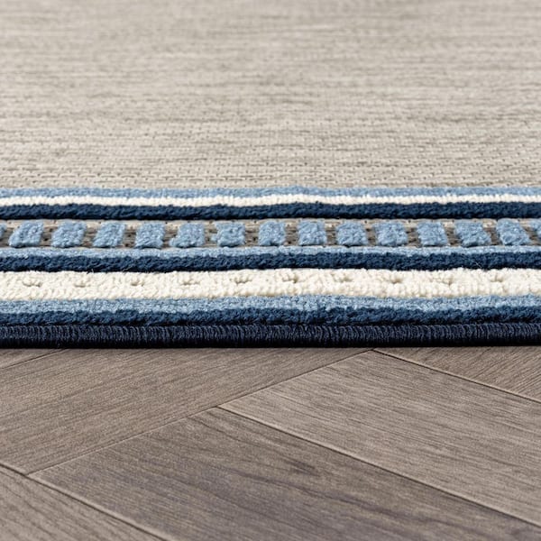 Coastal Border Design Indoor/Outdoor High-Low Textured , Coastal Border, Easy-Clean Patio 2 ft. x 7 ft. Navy Area Rug