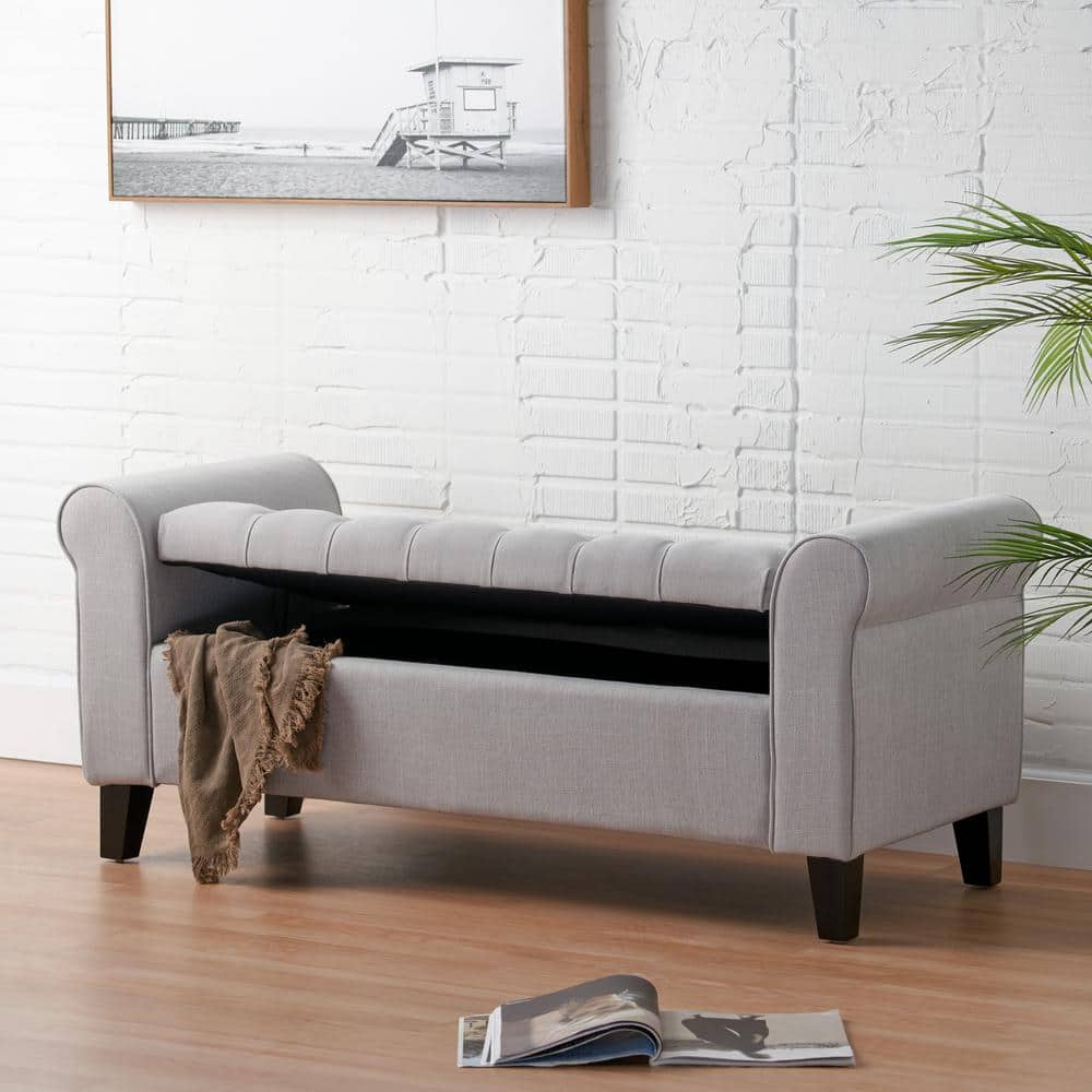 Light Gray Tufted Fabric Storage Ottoman Bench with Rolled Arms