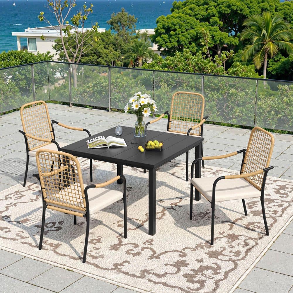 5-Piece Metal Outdoor Dining Set with 40.2 in. Black Square Dining Table and 4 Wicker Dining Chairs with Beige Cushions price history on PriceWatchPro
