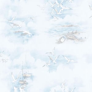 Global Fusion Blue Sailboats and Seagulls Wallpaper