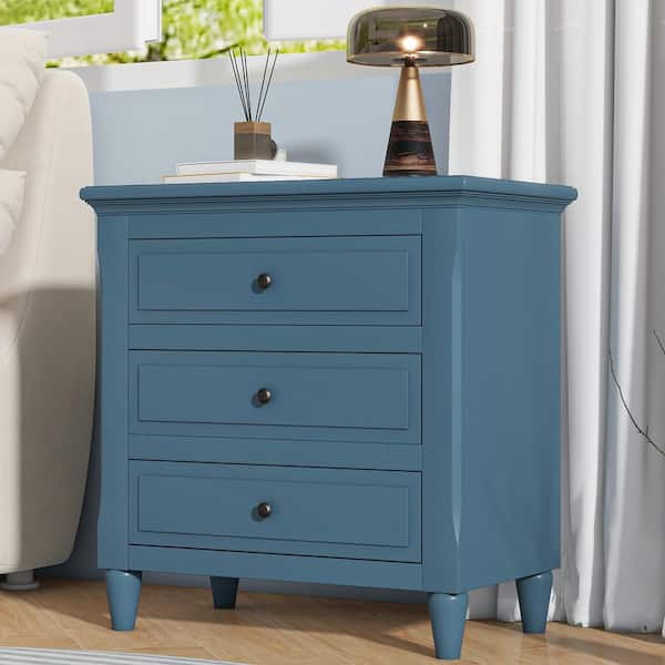Modern Blue 3-Drawer Exquisite Solid Wood Cabinet Nightstand (28.1 in. H x 27.9 in. W x 16.9 in. D)