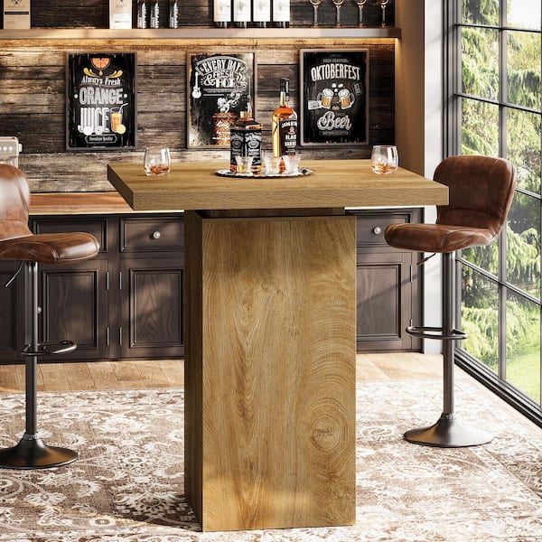 Kearsten 39.4 in. H Square Yellow Bar Table, Bistro Pub Table with Robust Pedestal Wood Home Bar