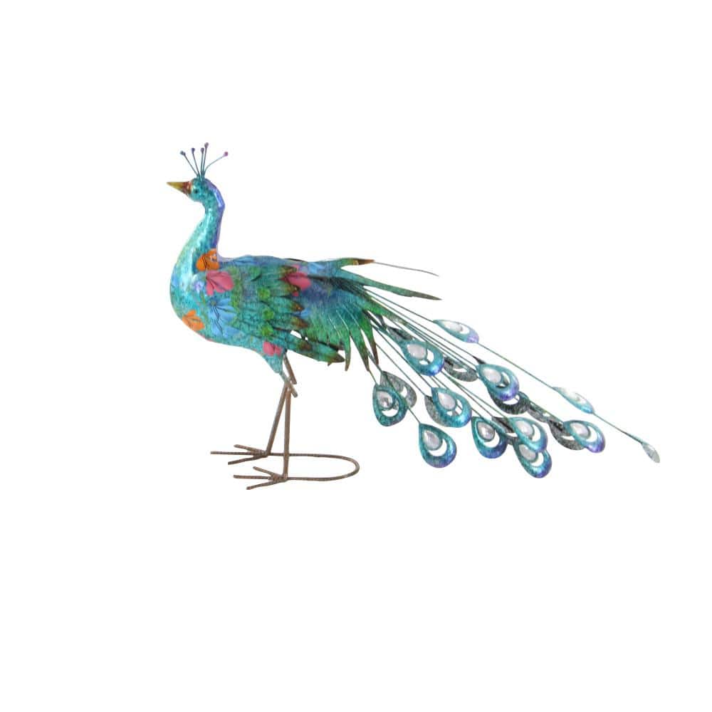 Teal and Blue Metal Peacock Garden Sculpture with Crystal Accents