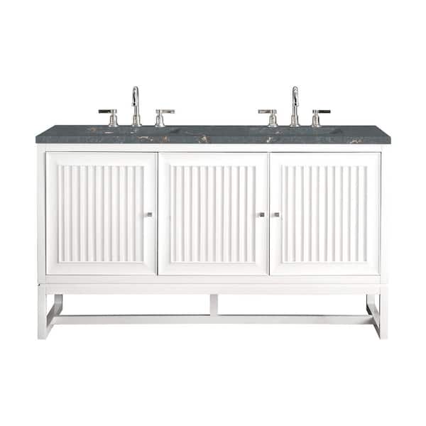 James Martin Vanities Athens 60.0 in. W x 23.5 in. D x 34.5 in. H Double Bath Double Vanity in Glossy White with Parisien Bleu Quartz Top