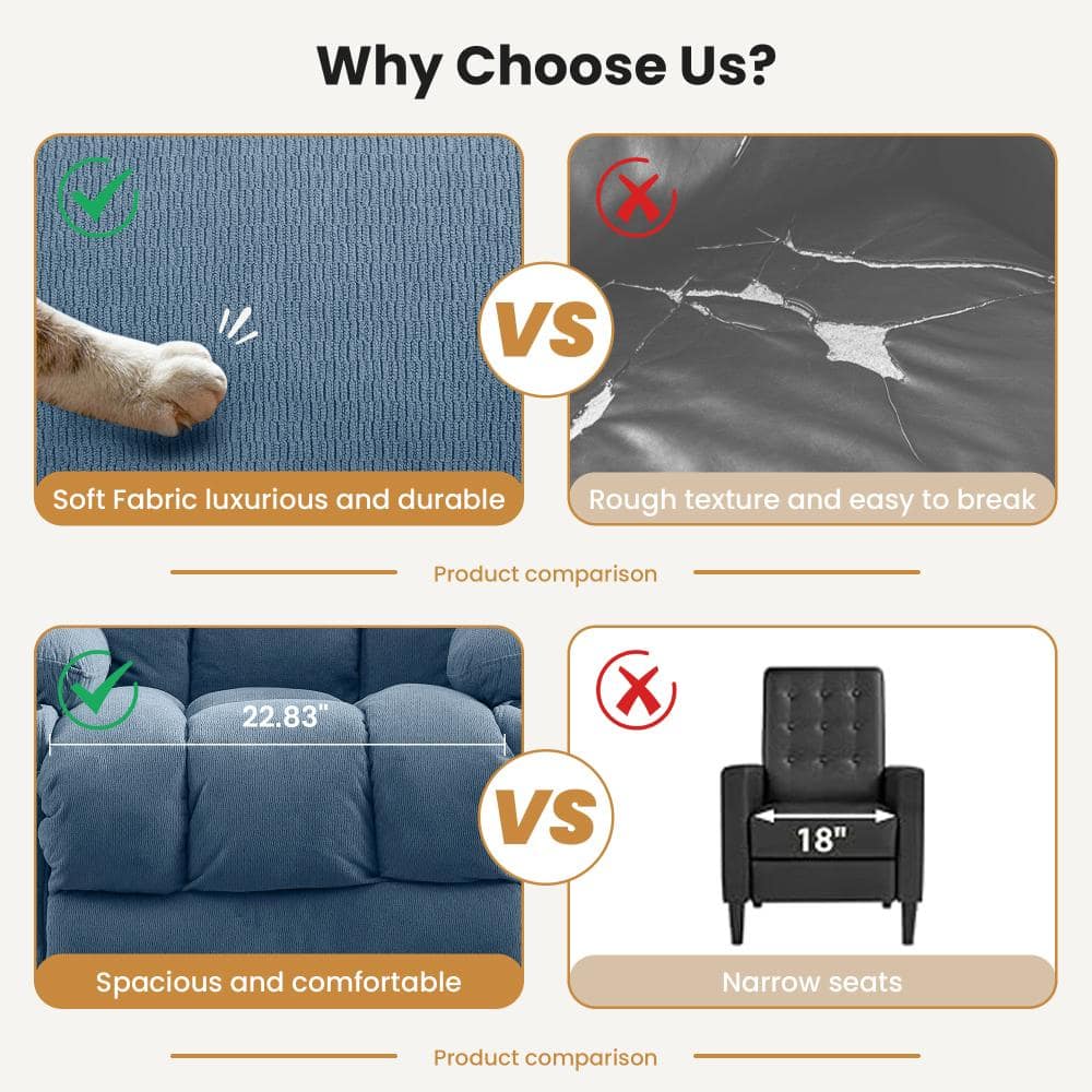 Comparison of blue fabric texture and seat width against other chairs.