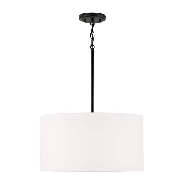 Alan 18 in. W x 9 in. H 3-Light Pendant in Matte Black with White Fabric Drum Shade and Acrylic Diffuser