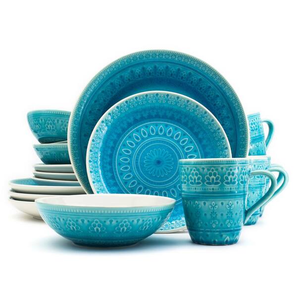 Euro Ceramica Fez 16-Piece Patterned Turquoise/Reactive Crackle-glaze Stoneware Dinnerware Set (Service for 4)