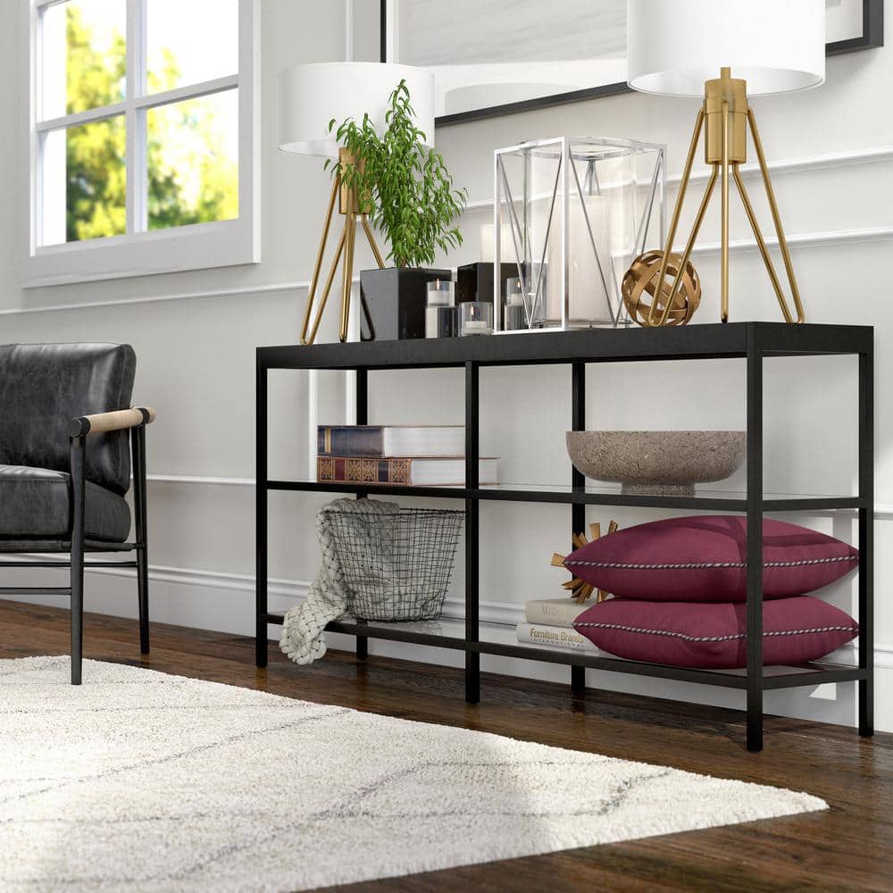 Evelyn Modern Blackened Bronze Console Table with Tempered Glass Shelves