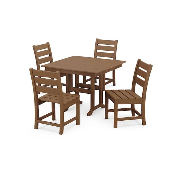 POLYWOOD Grant Park Teak 5-Piece Plastic Side Chair Outdoor Dining Set