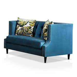 Orab 63 in. Dark Teal and Apple Green Fabric 2-Seat Loveseat with Nailheads