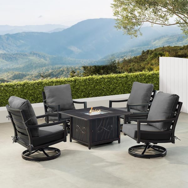 Oakland Living Black 6-Piece Aluminum Patio Fire Pit with 4-Club Chairs Black Cushions