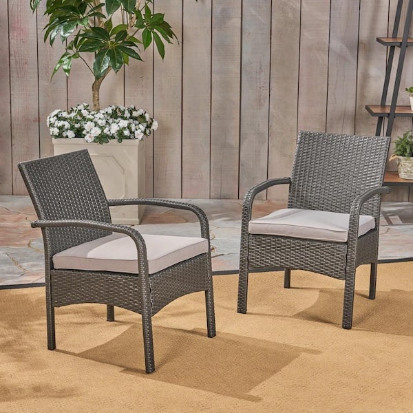 Noble House Lena Gray Stationary Faux Rattan Outdoor Patio Lounge Chair with Silver Cushion (2-Pack)