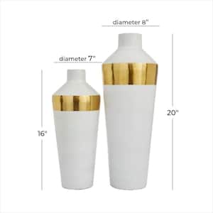 20 in., 16 in. White Metal Decorative Vase with Gold Band (Set of 2)