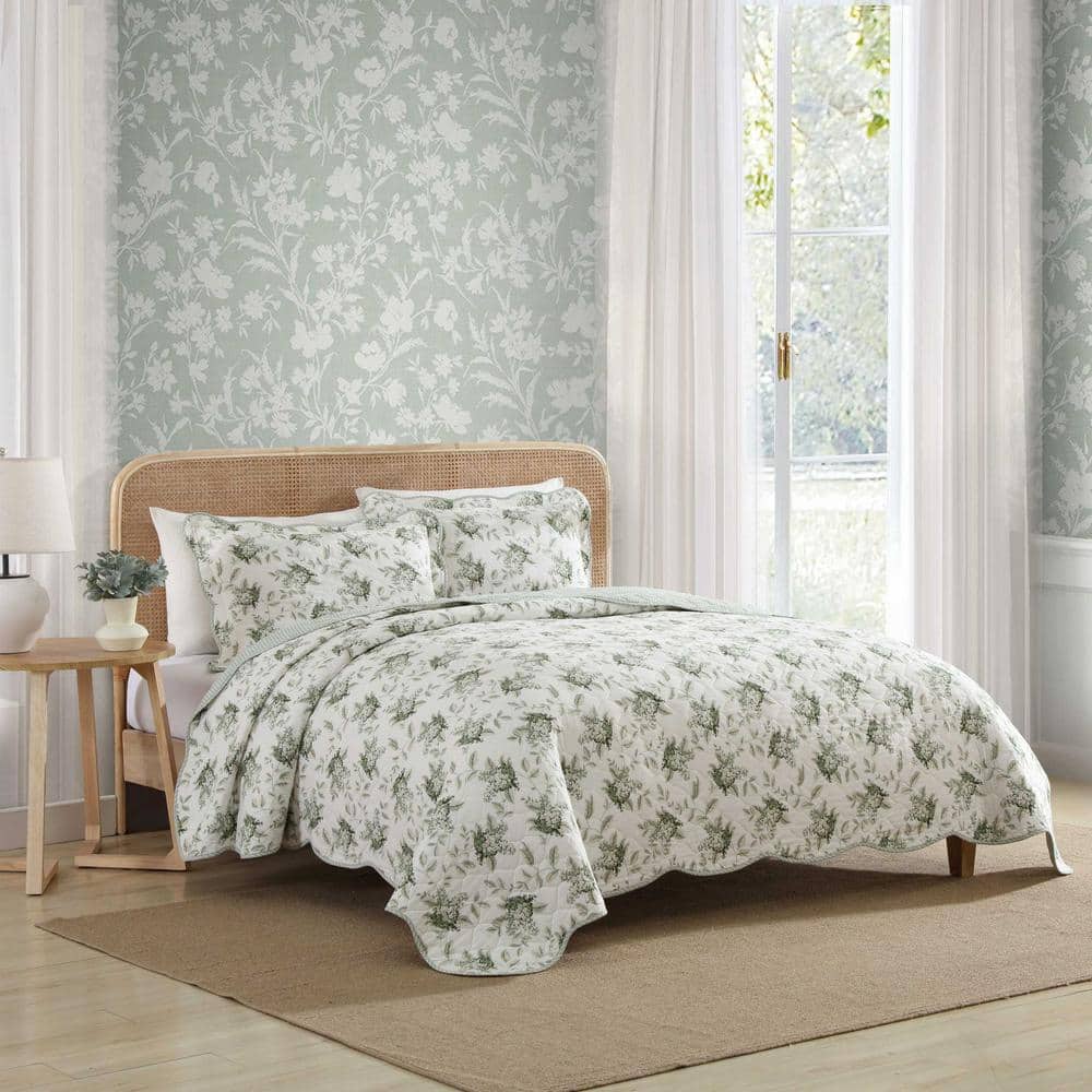 White and Green Cotton Twin Reversible Quilt Set