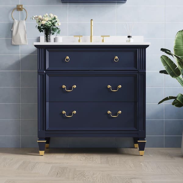 36 in. Navy Blue Solid Wood Bath Vanity with Carrara White Quartz Top, Single Sink, Soft-Close Drawers, Assembled