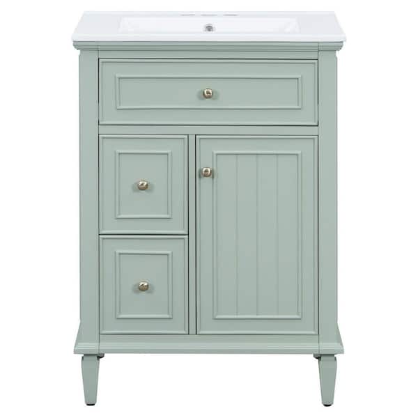 24 in. Green Wood Rectangle Vessel Sink Bathroom Vanity Combo with One Flip Drawer and Two Drawers
