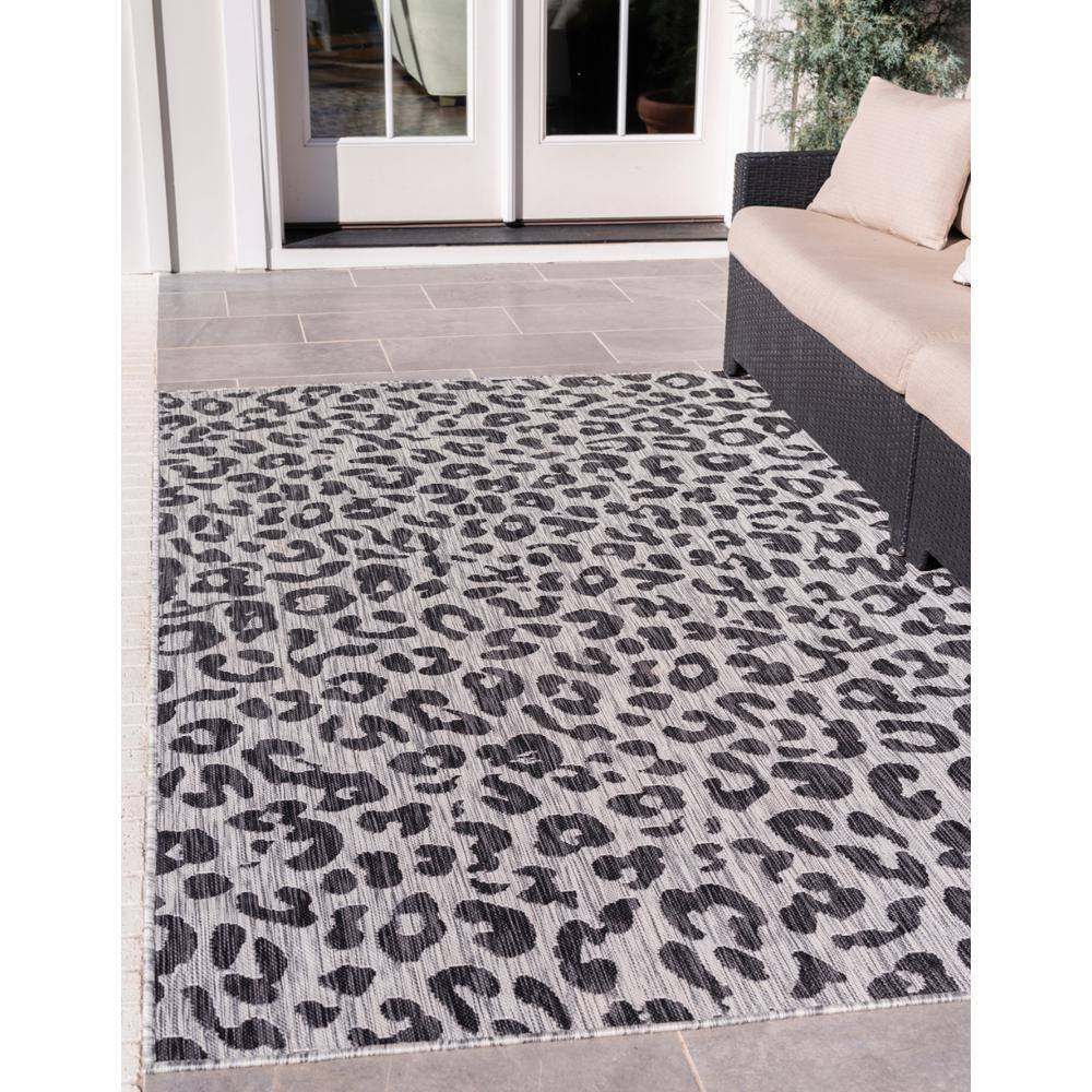 Light Gray and Black Leopard Print Outdoor Synthetic Rug