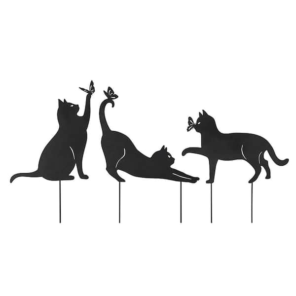 Glitzhome 20.5 in. H Garden Stake Multi-functional 2-in-1 Black Metal Cat Silhouette Pick Décor (Set of 3)