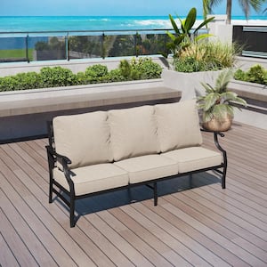 Black Metal Meshed Frame Outdoor Patio 3 Seat Sofa Couch with Beige Cushions