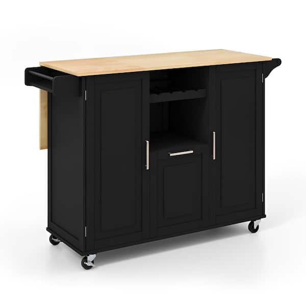 Bunpeony Black Wood Heavy Duty 51 in. Kitchen Island Cart with Drop ...