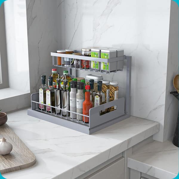 14.6 in. W L-Shaped 2 Tier Shelf Under Sink Organizer for Kitchen and Bathroom in Painted Finish, in Grey (2-Pack)