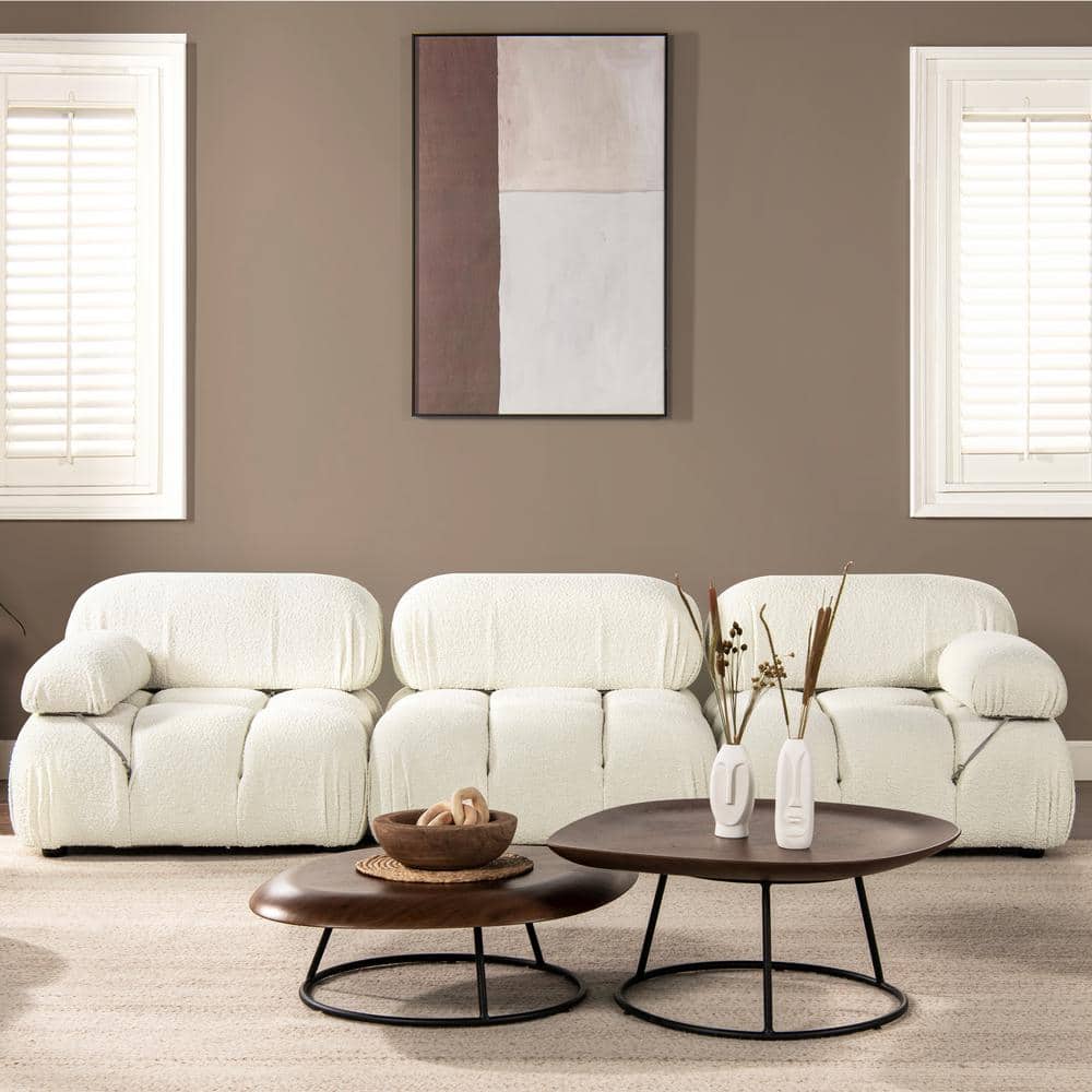 Ivory White Bouclé 3-Piece Tufted Lawson Sofa with Wood Frame