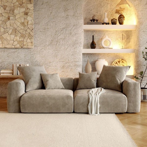 Modern 102 in. Square Arm Corduroy Modular Oversized Floor Loveseat Sofa with Pillows and Removable Covers in Brown