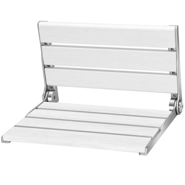 16 in. Wall Mounted Folding Teak Shower Seat in White, Shower Bench for Disableds and Pregnants