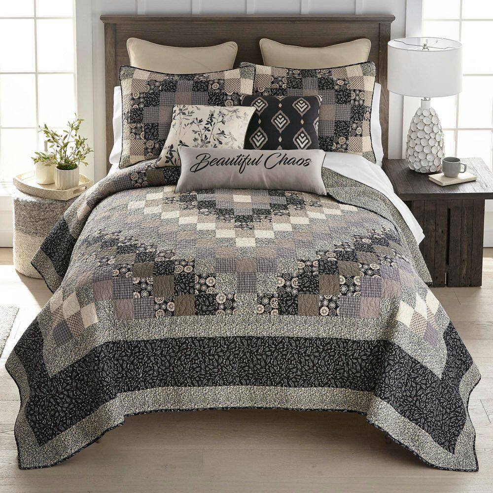 DONNA SHARP Lexington Trip 3-Piece Black and Grey Cotton Queen Quilt ...