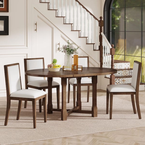 5 Piece Brown MDF Round Extendable Dining Table Set with Removable Leaf and 4 Upholstered Chairs