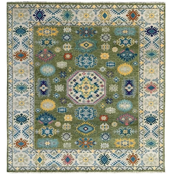 LT.Green / Beige 10 ft. x 14 ft. Hand Knotted Wool Traditional Kazak Area Rug