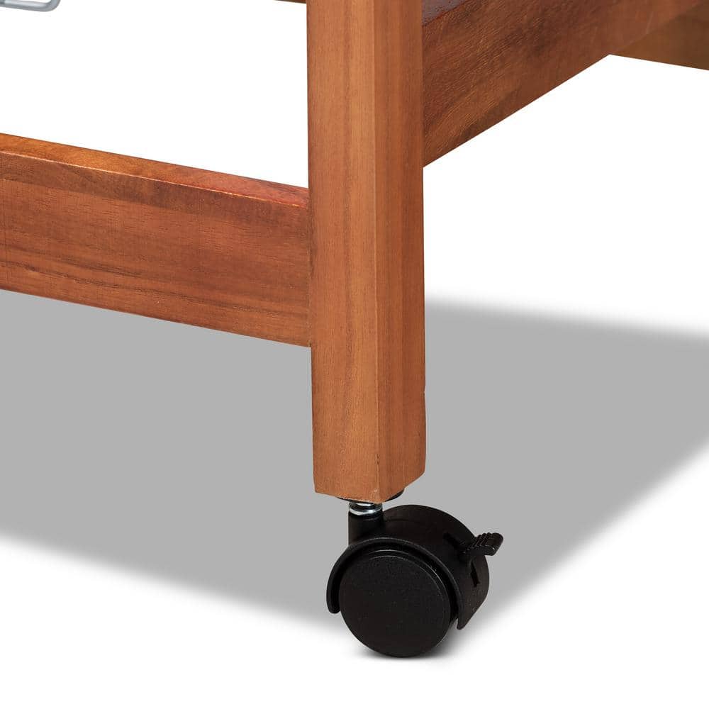Crayton Oak Brown and Silver Mobile Kitchen Cart with Wine Storage