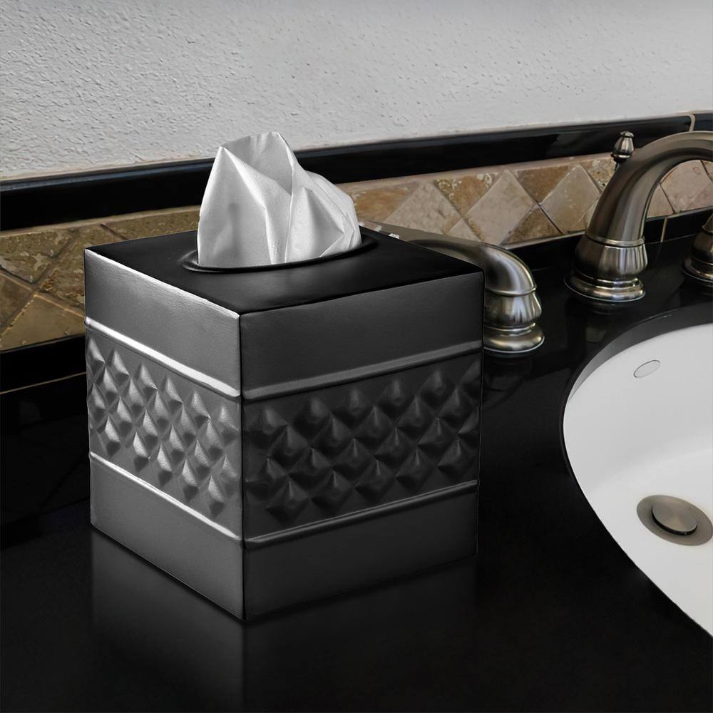 Black Geometric Embossed Metal Square Tissue Box Cover