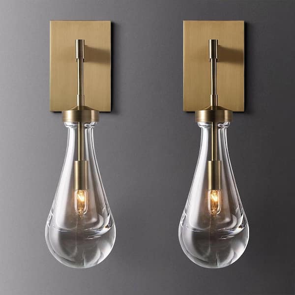 Gleam Flare 17.7 in. 1-Light Gold Wall Sconce, Raindrop Wall Lighting with Hand Blown Solid Glass, Brass Base and Rod (2-Sets)