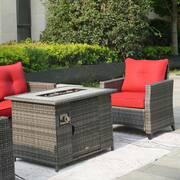 Gray 5-Piece Outdoor Rattan Wicker Patio Fire Pit Conversation Sofa Set with Red Cushions