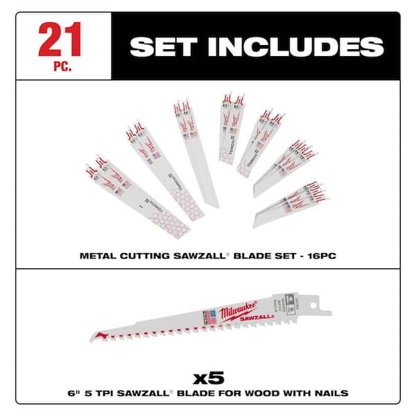 SAWZALL Metal Cutting Bi-Metal Recip Blade Set (16 Piece) w/ 5 additional Wood Cutting Blades