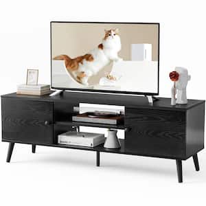 53.5 in. Black Wood Mid-Century Modern TV Stand with Storage Cabinet Fits TVs up to 60 in.